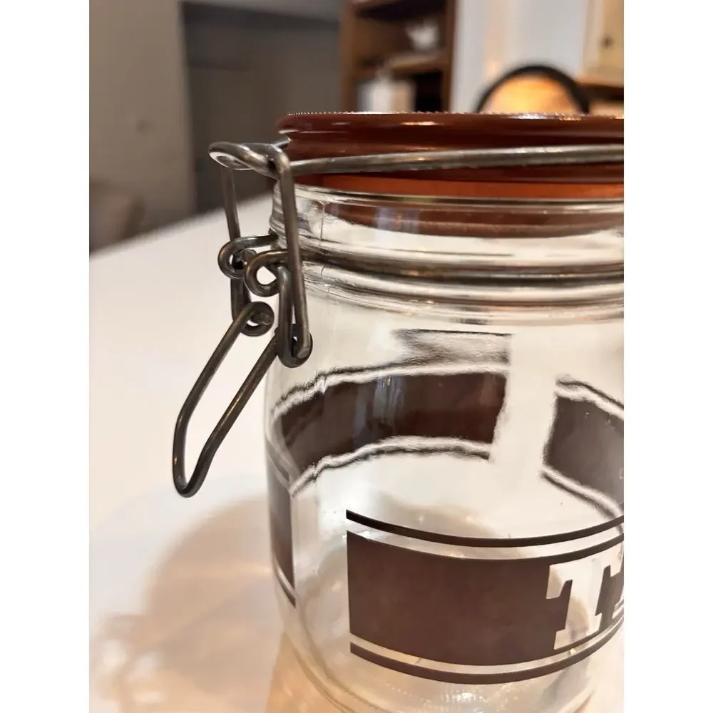 Vintage 1970’s Triomphe Tea Brown Stripe Canister Jar Glass Storage MCM 3/4L